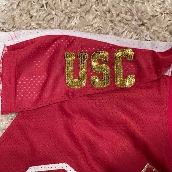 PINK Victorias Secret x 5th & Ocean USC Trojan Red Jersey W/ Gold Sequins Sz XS - Picture 4 of 7